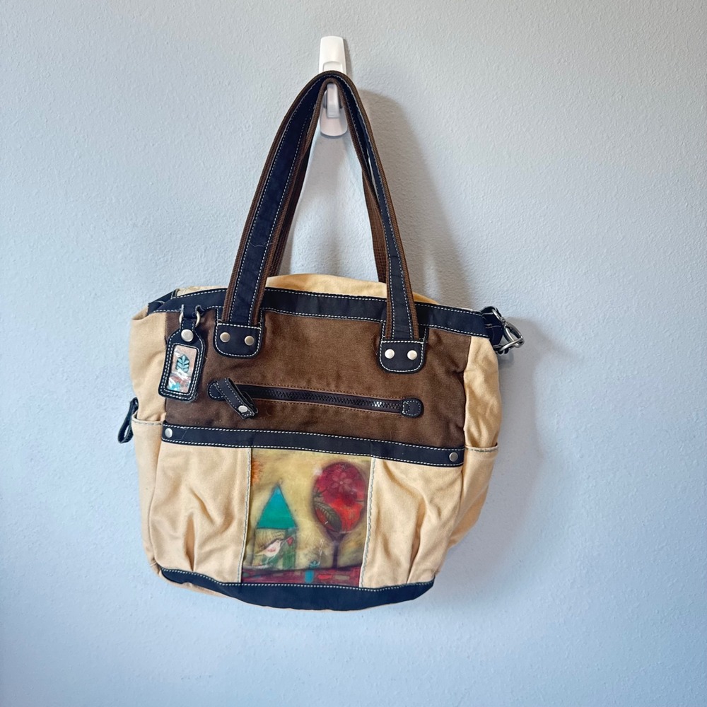 Sherpani vintage Women Tan Brown Canvas Art Panel Multi Pocket Tote Bag Large